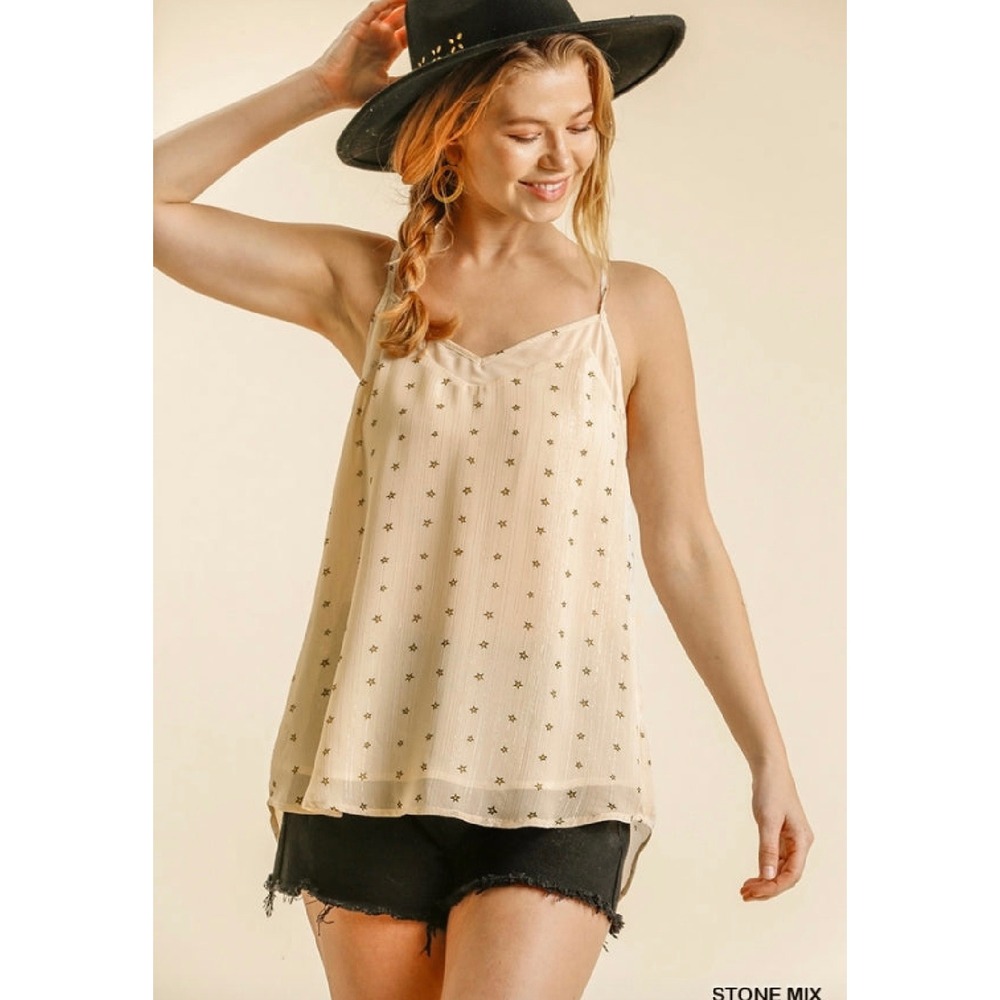 Umgee Camisole Tank Top Womens Small Stone Mix Star Print Metallic Lurex Boho